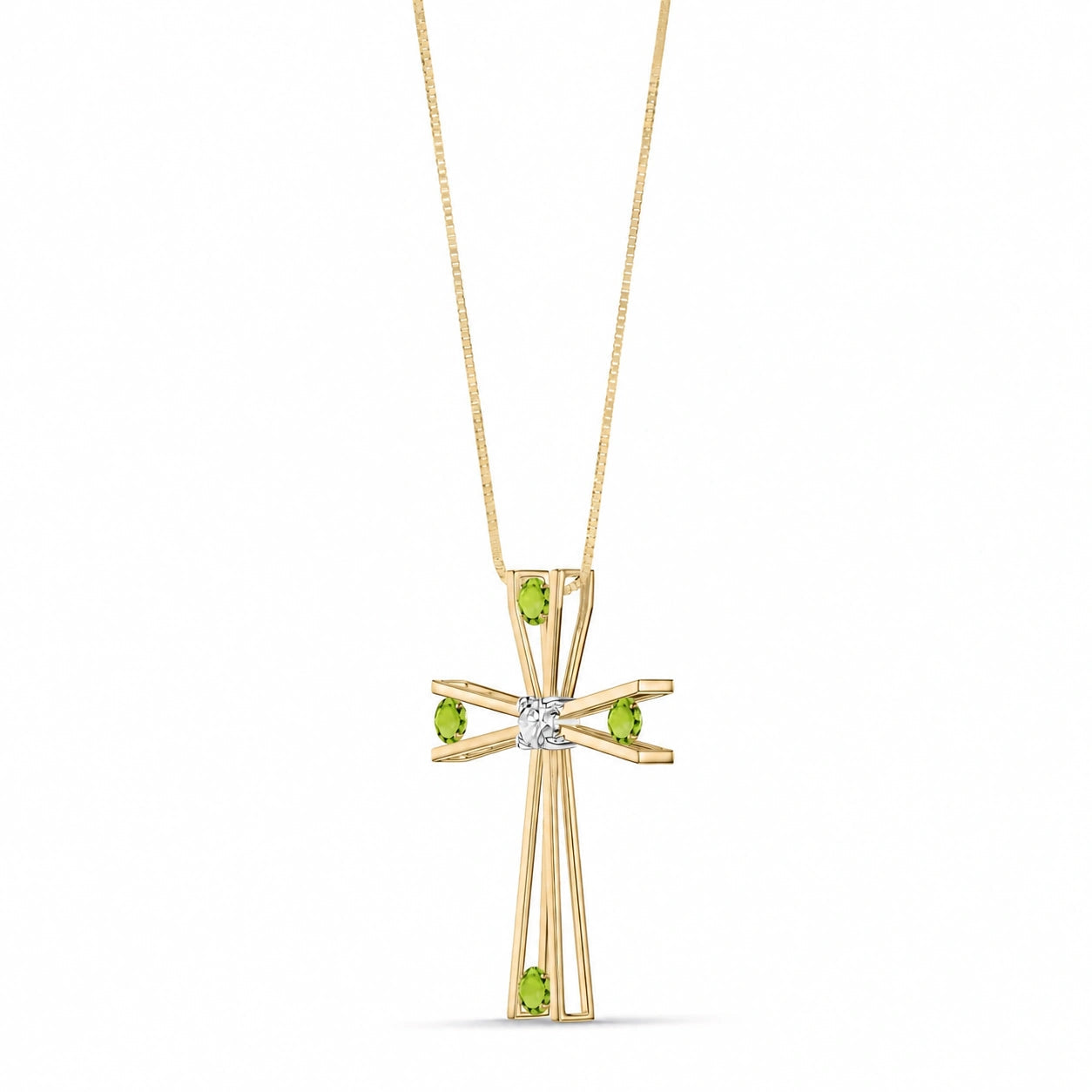 Yellow Gold Abstract Cross Pendant Necklace Peridot 10K — Silvana