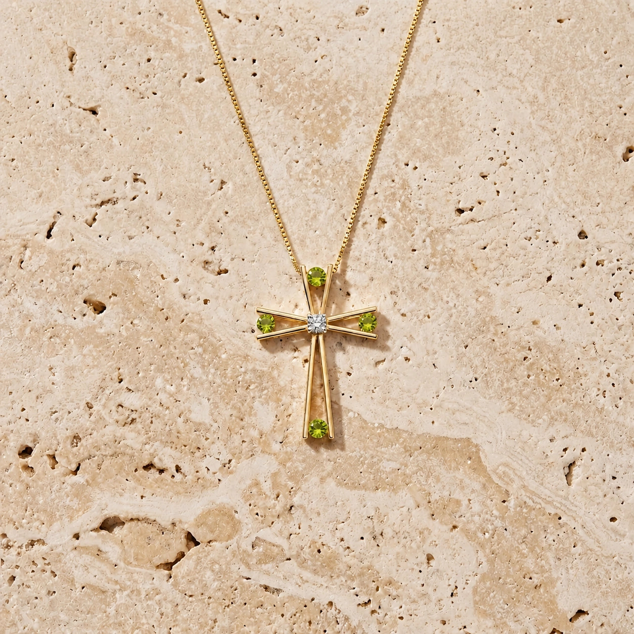 Yellow Gold Abstract Cross Pendant Necklace Peridot 10K — Silvana