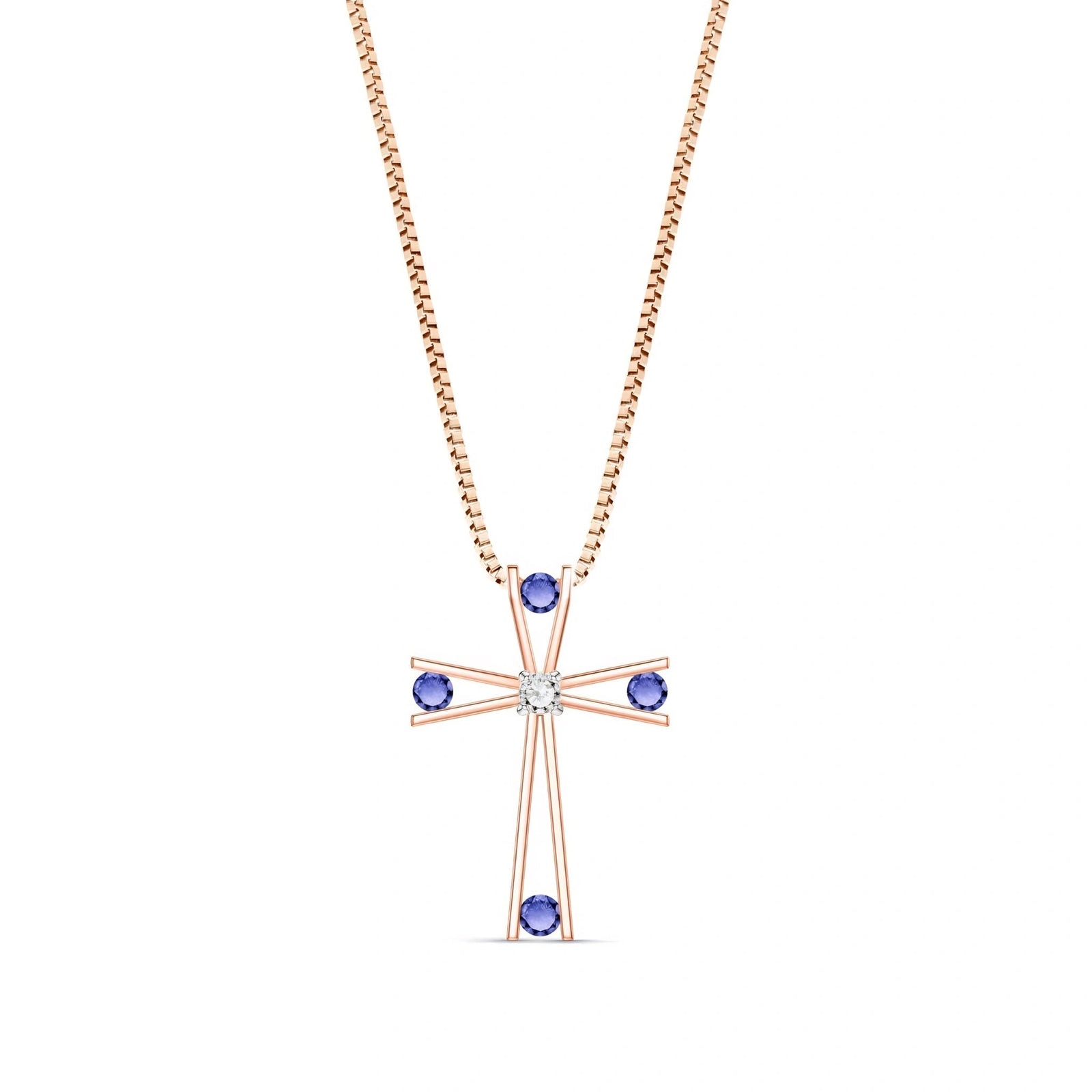 Rose Gold Abstract Cross Pendant Necklace Tanzanite 10K — Silvana