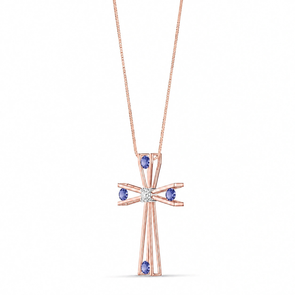 Rose Gold Abstract Cross Pendant Necklace Tanzanite 10K — Silvana
