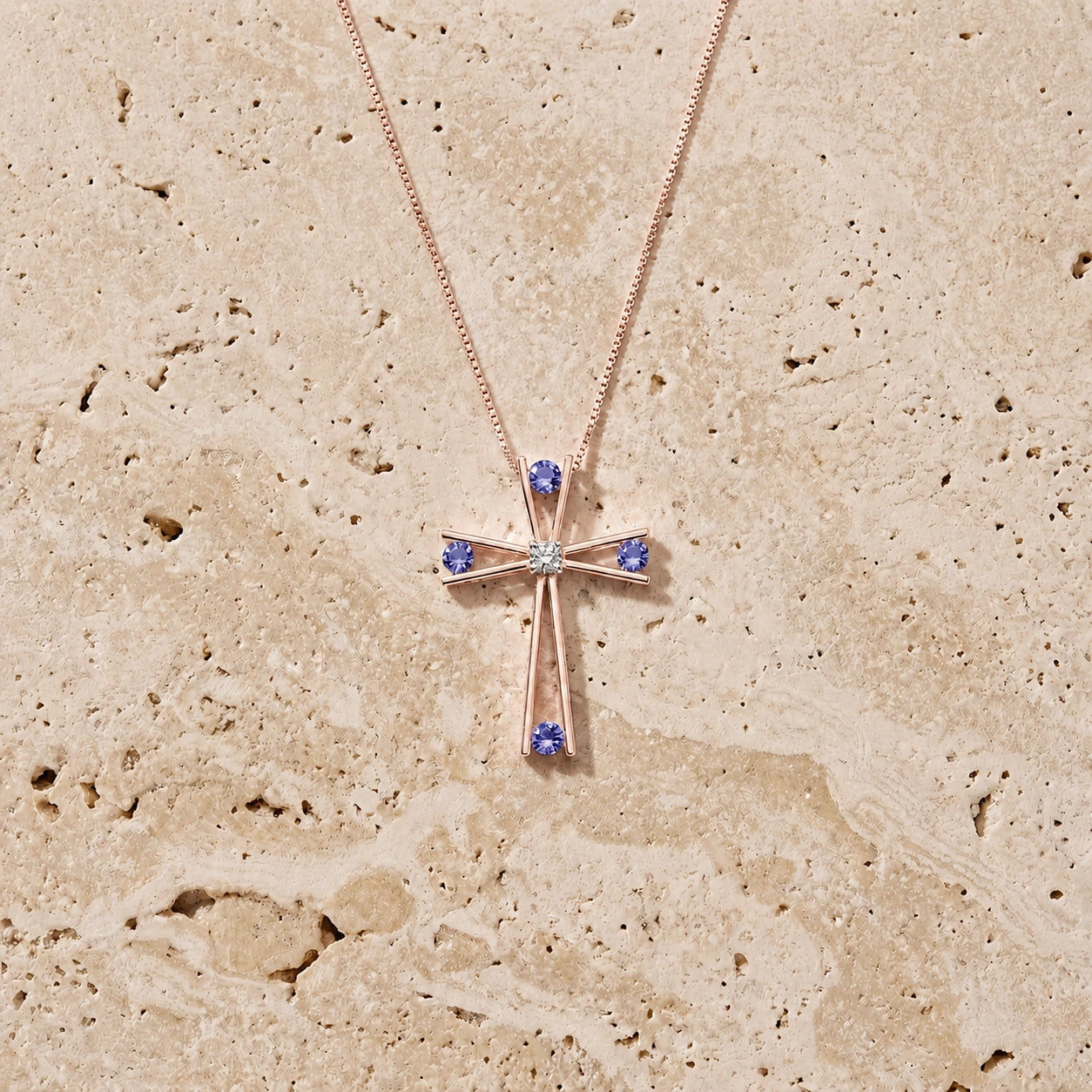 Rose Gold Abstract Cross Pendant Necklace Tanzanite 10K — Silvana