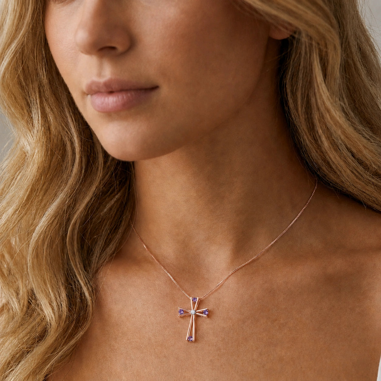 Rose Gold Abstract Cross Pendant Necklace Tanzanite 10K — Silvana