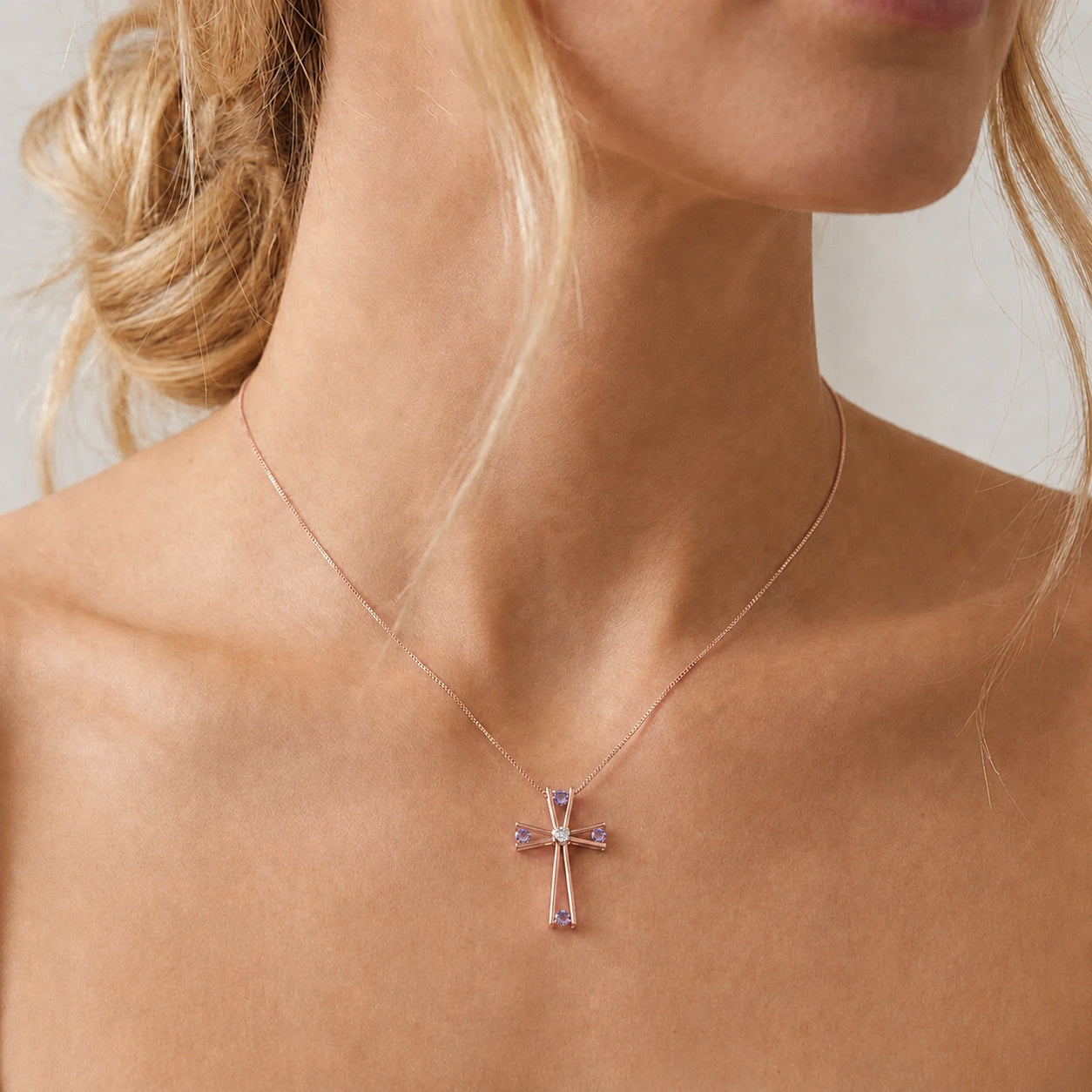 Rose Gold Abstract Cross Pendant Necklace Tanzanite 10K — Silvana