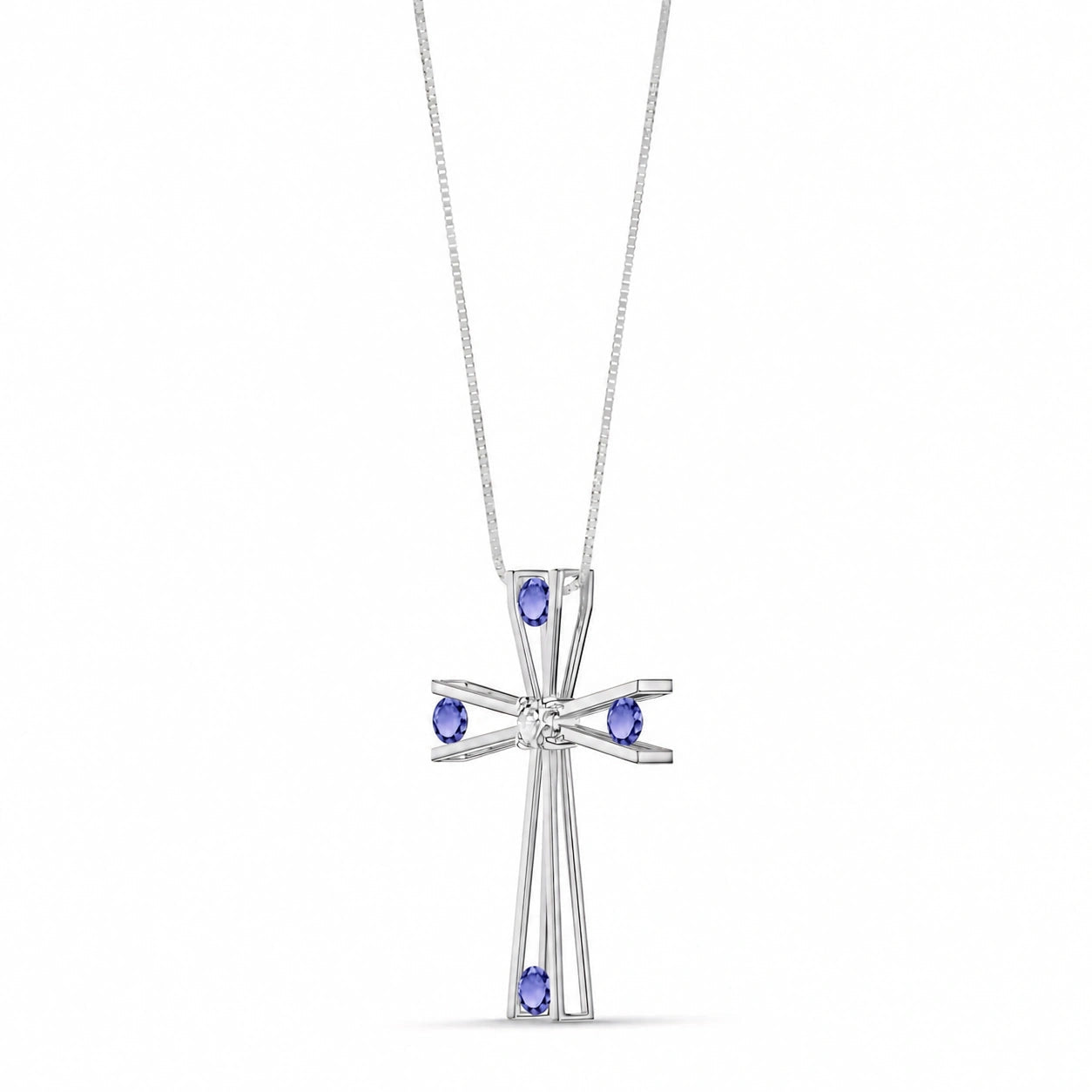 White Gold Abstract Cross Pendant Necklace Tanzanite 10K — Silvana