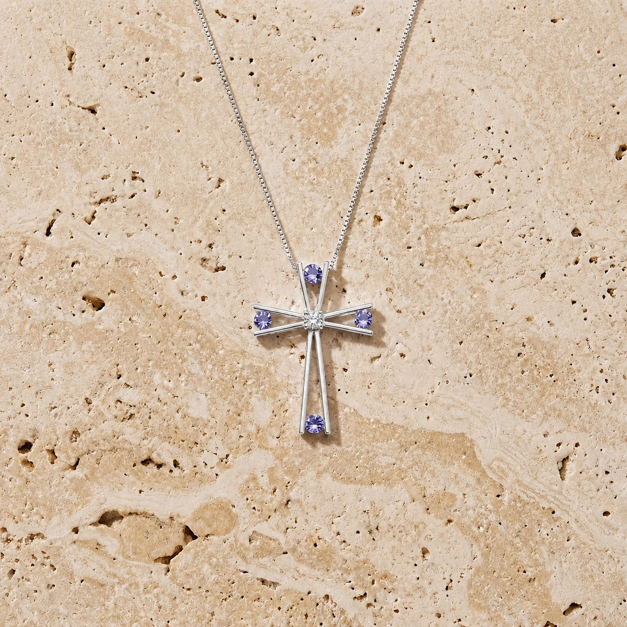 White Gold Abstract Cross Pendant Necklace Tanzanite 10K — Silvana