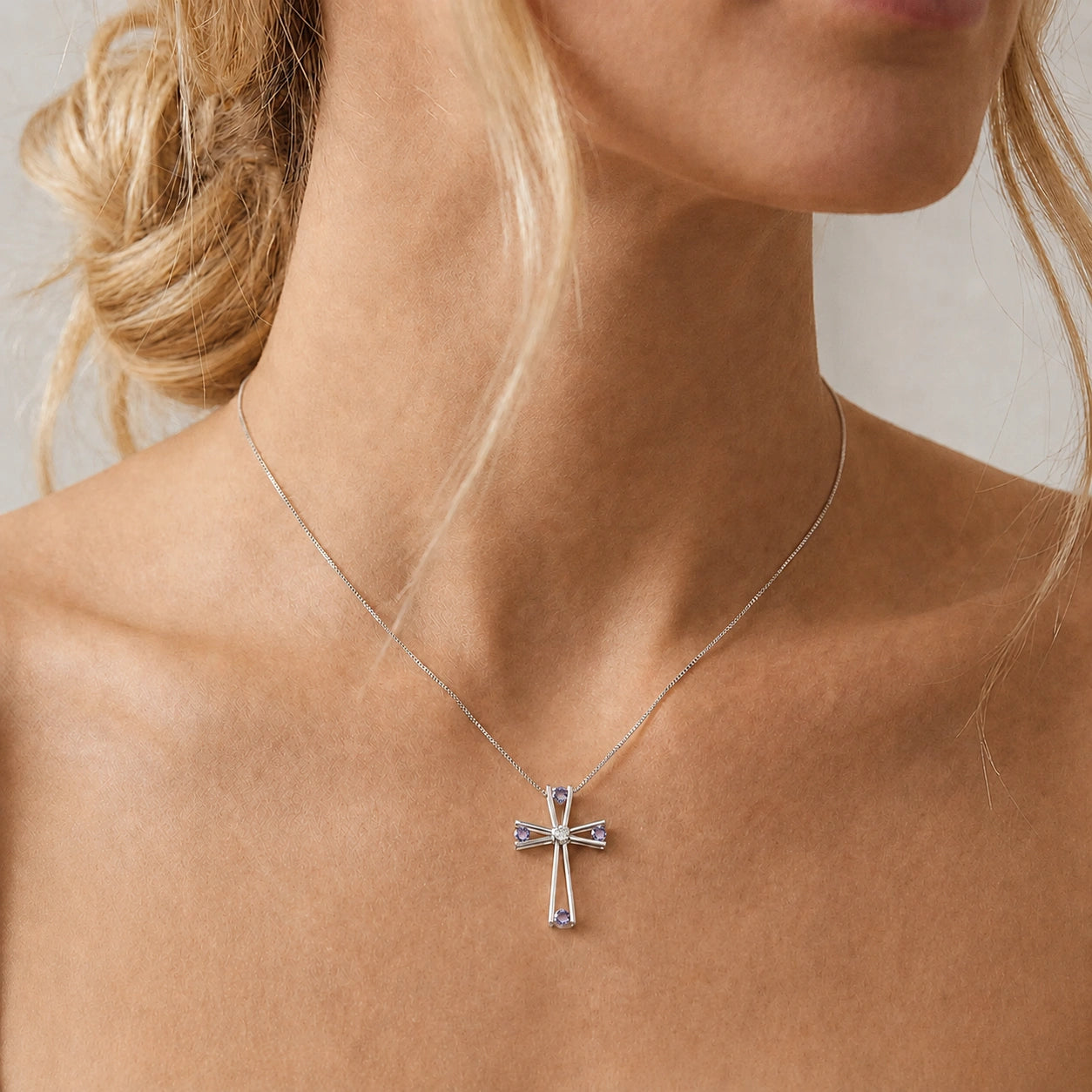 White Gold Abstract Cross Pendant Necklace Tanzanite 10K — Silvana