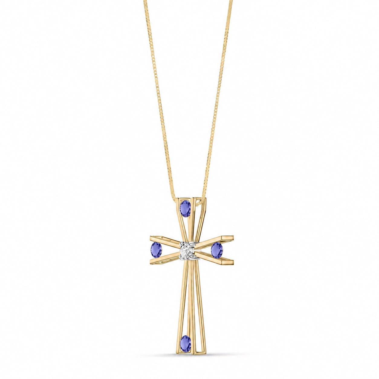 Yellow Gold Abstract Cross Pendant Necklace Tanzanite 10K — Silvana