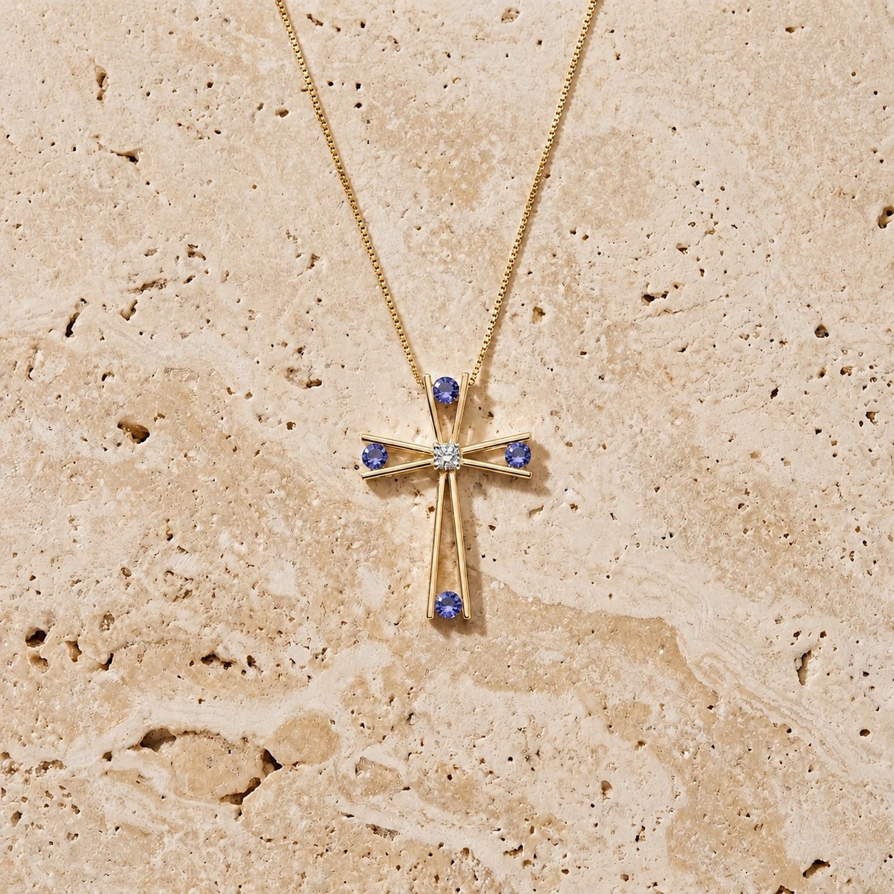 Yellow Gold Abstract Cross Pendant Necklace Tanzanite 10K — Silvana