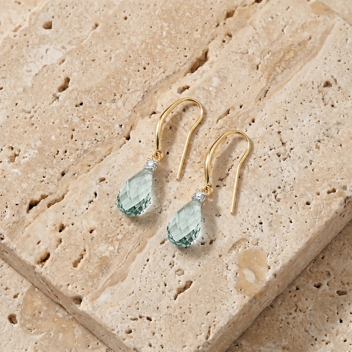Yellow Gold Joya Earrings Green Amethyst & Diamond — Minerva