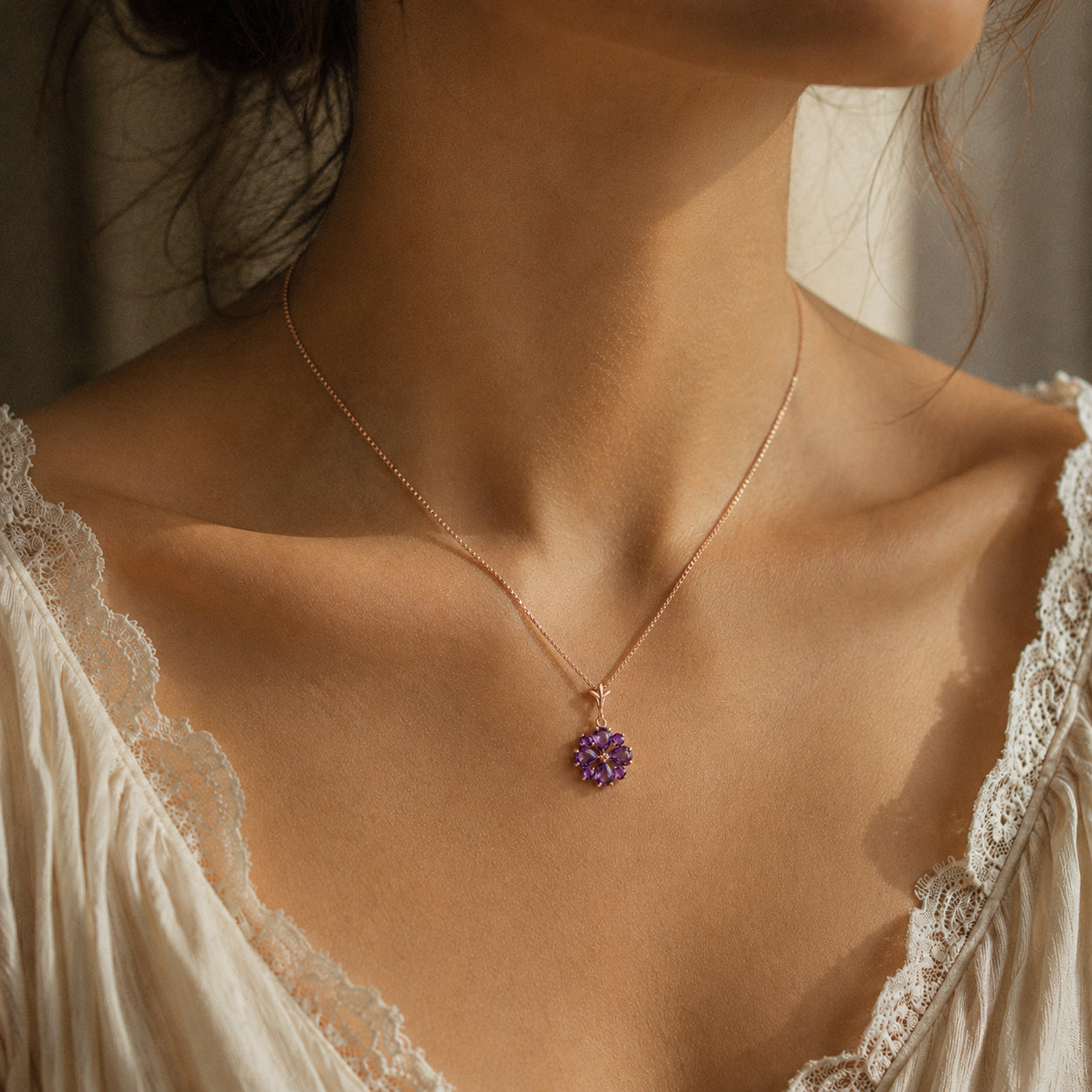 Rose Gold Petal Necklace Amethyst 10K — Bibiana