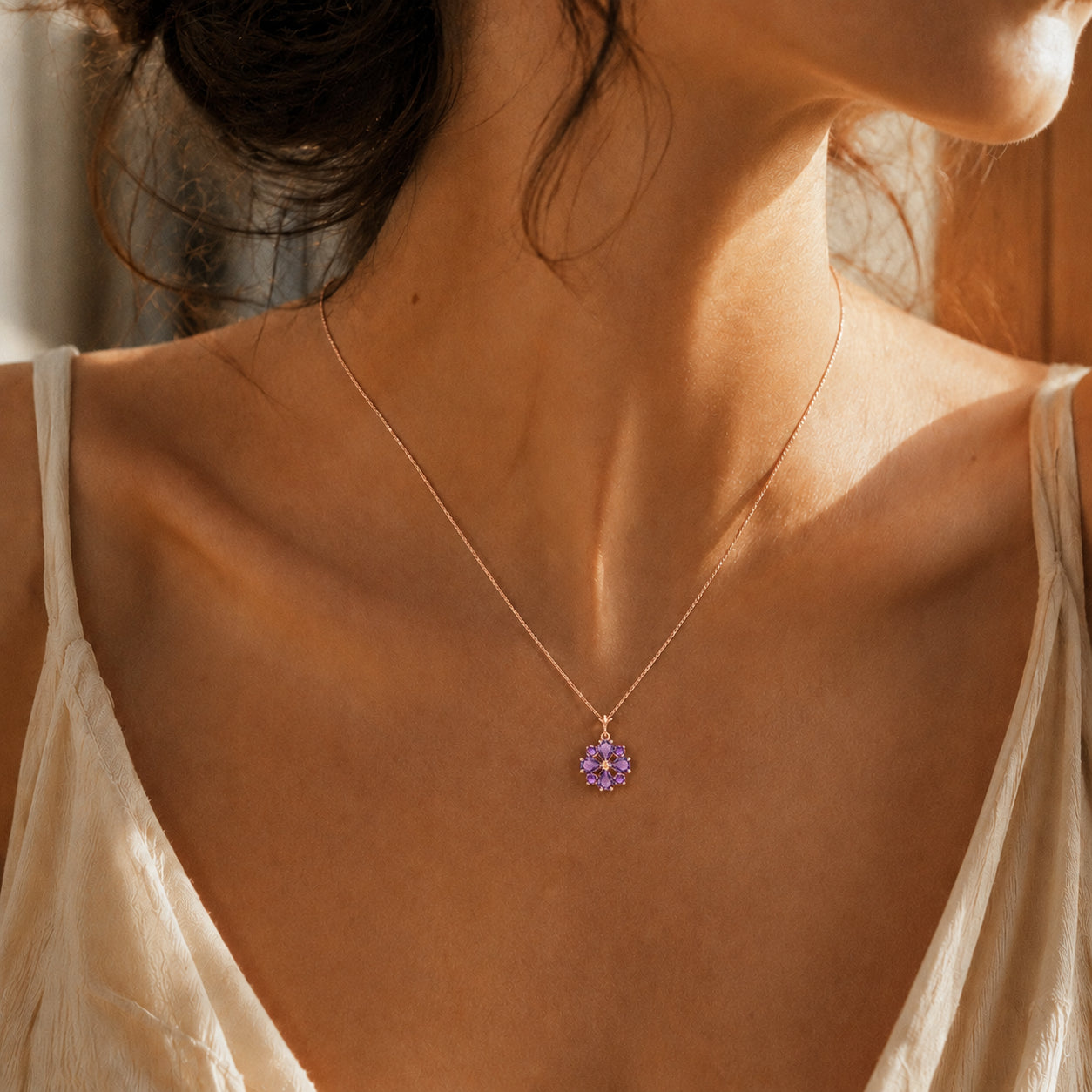 Rose Gold Petal Necklace Amethyst 10K — Bibiana
