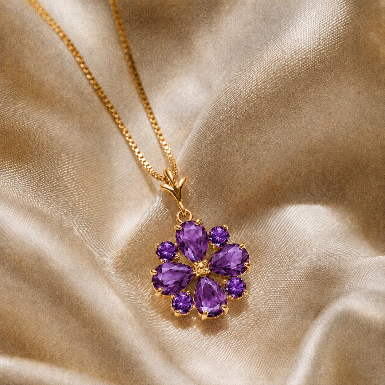 Yellow Gold Petal Necklace Amethyst 10K — Bibiana