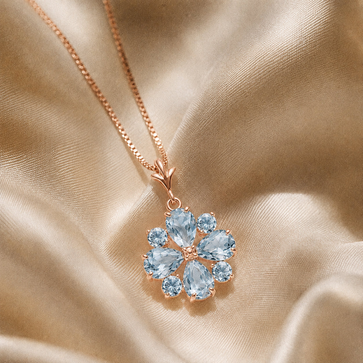 Rose Gold Petal Necklace Aquamarine 10K — Bibiana