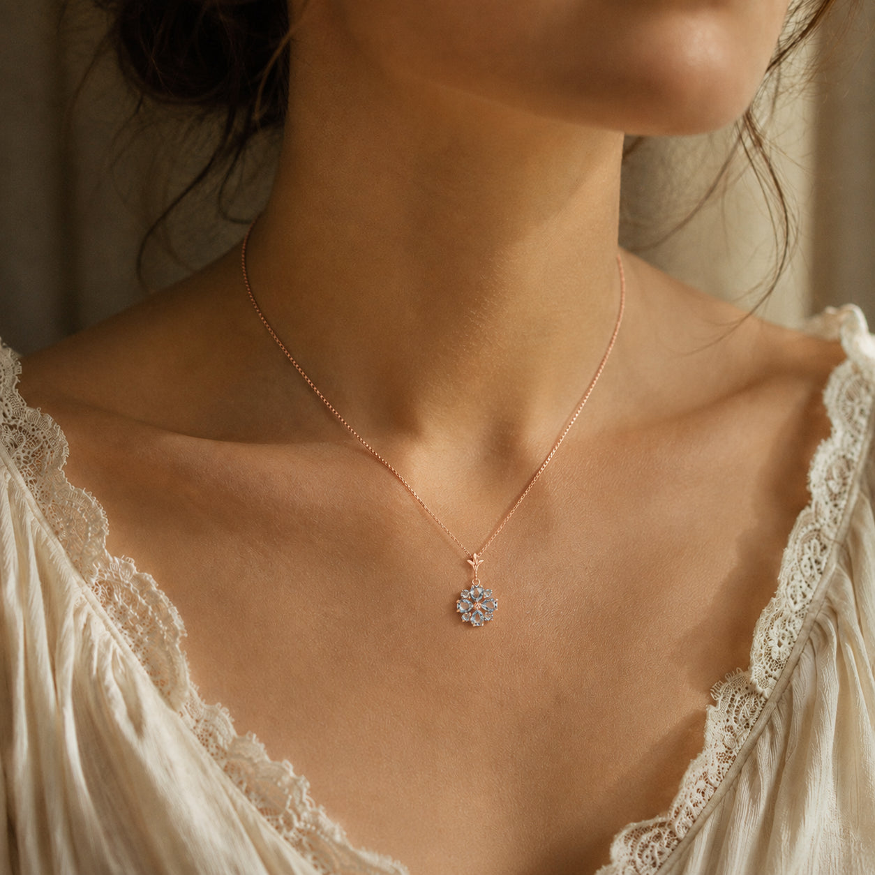 Rose Gold Petal Necklace Aquamarine 10K — Bibiana