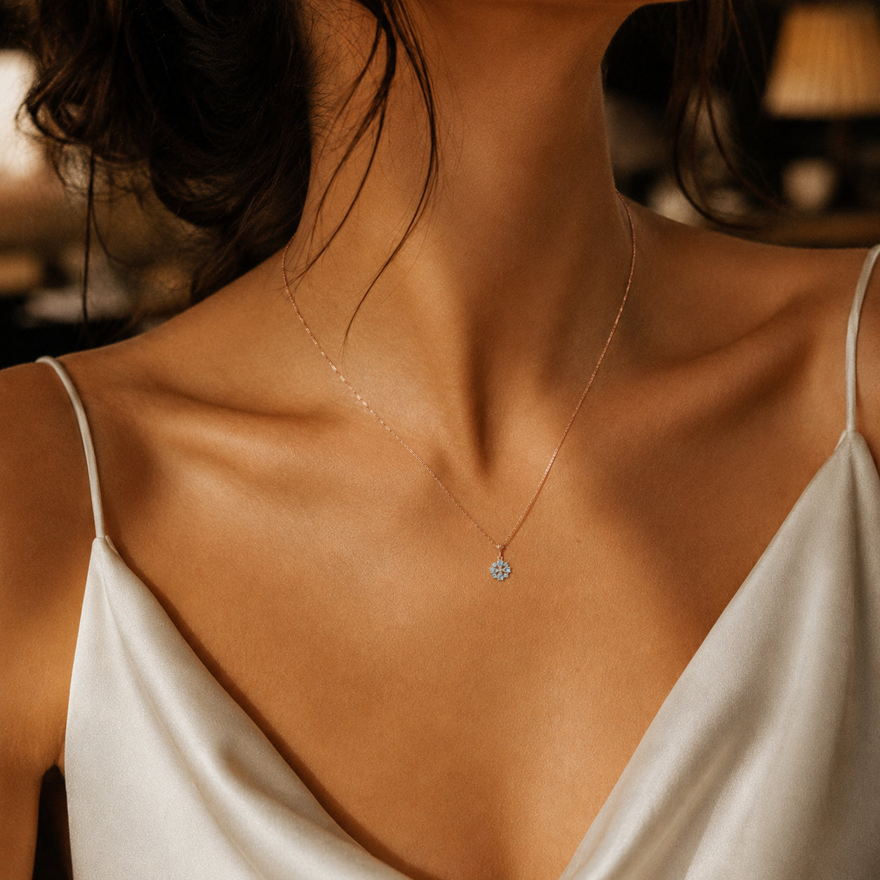 Rose Gold Petal Necklace Aquamarine 10K — Bibiana