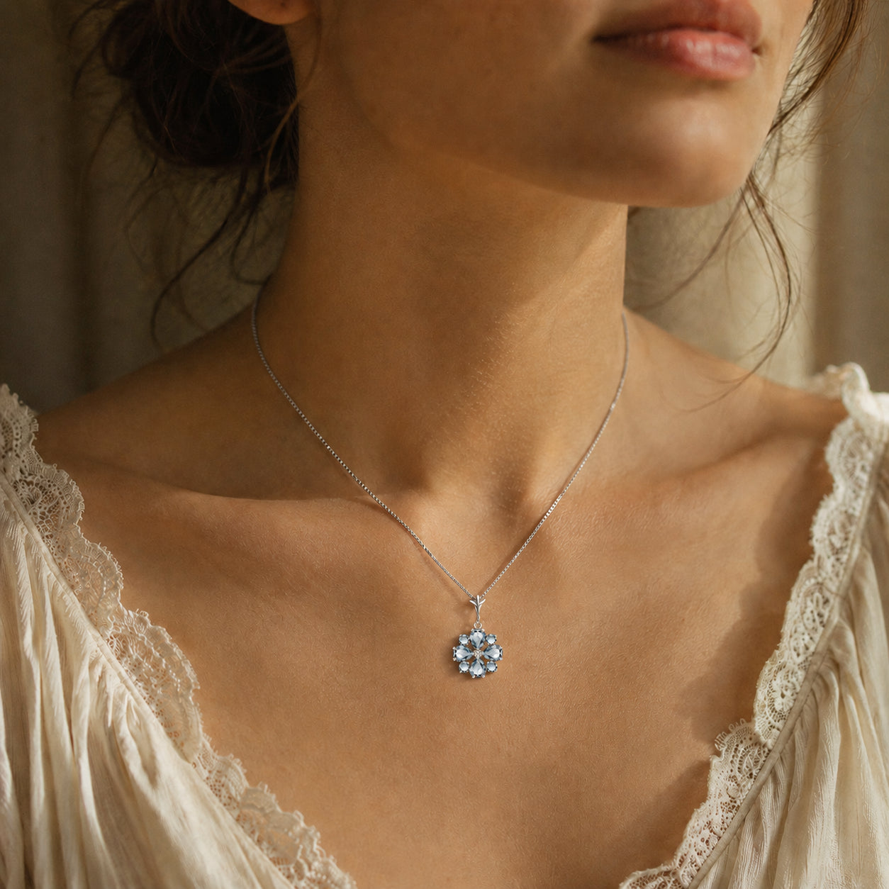 White Gold Petal Necklace Aquamarine 10K — Bibiana