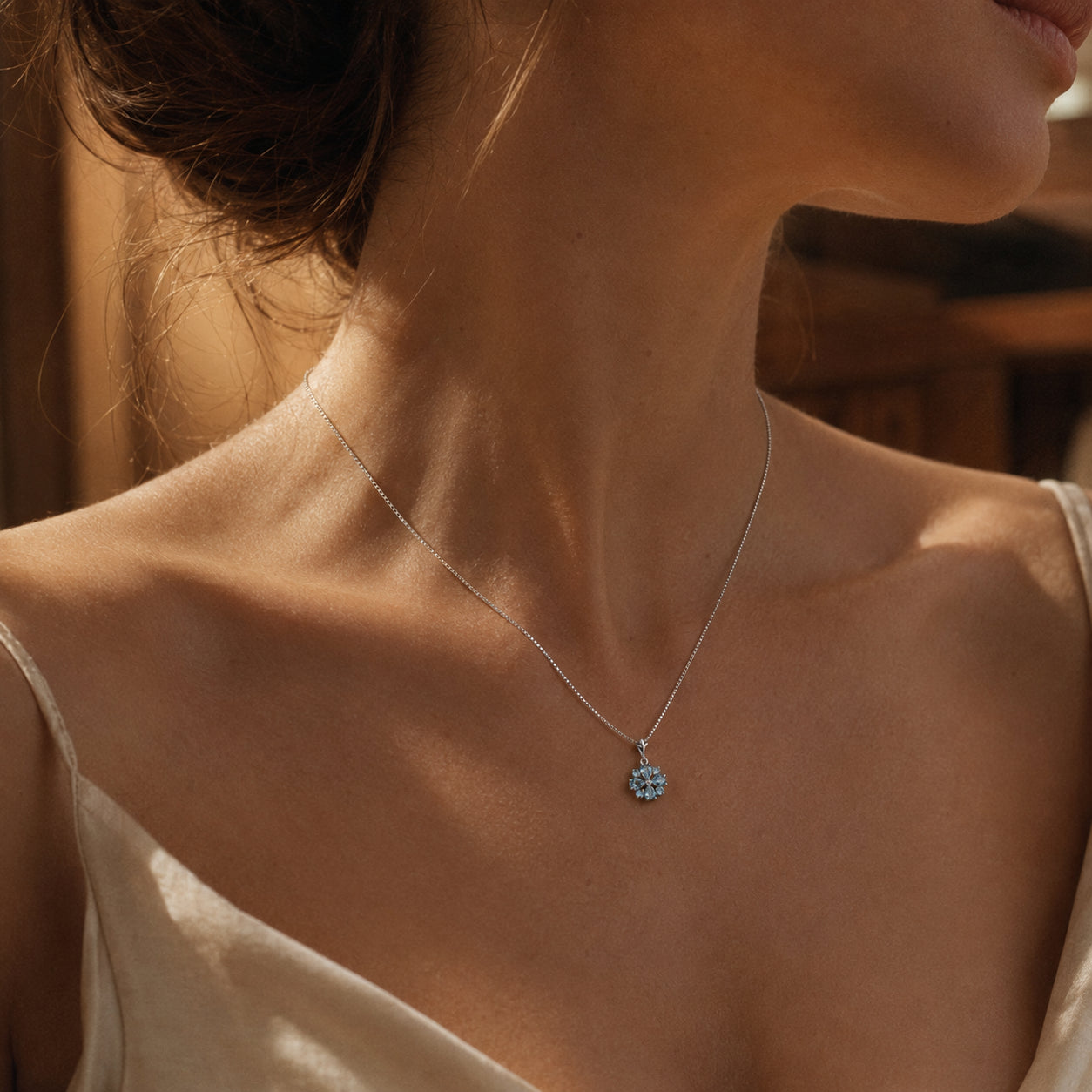 White Gold Petal Necklace Aquamarine 10K — Bibiana