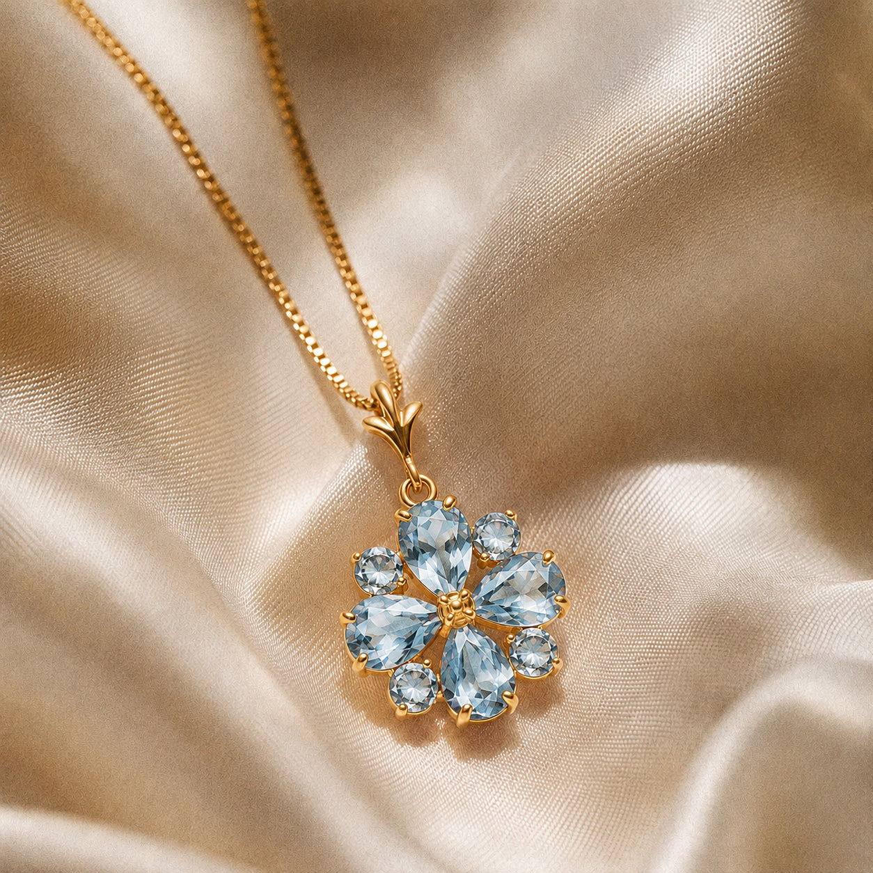 Yellow Gold Petal Necklace Aquamarine 10K — Bibiana