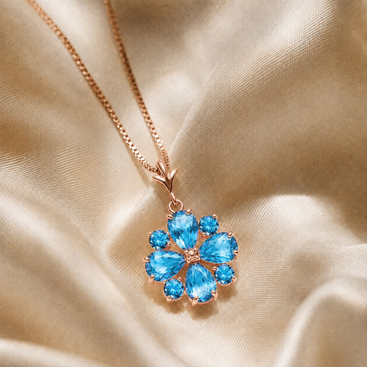 Rose Gold Petal Necklace Blue Topaz 10K — Bibiana