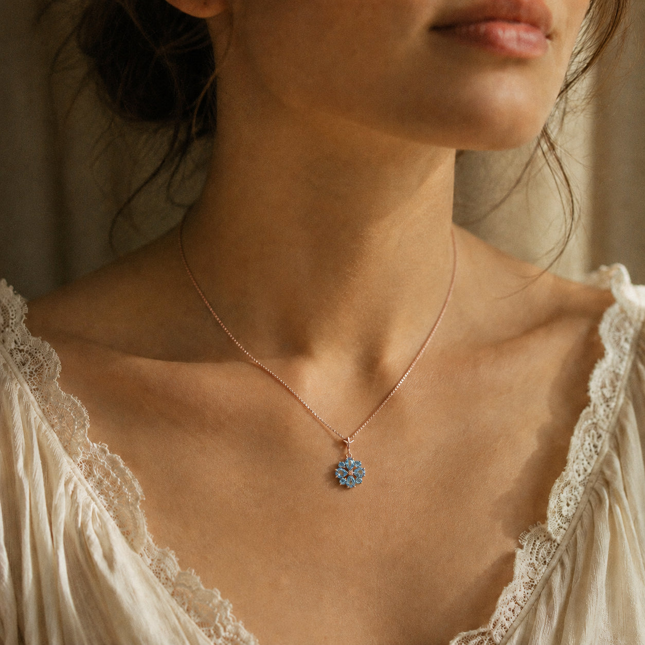 Rose Gold Petal Necklace Blue Topaz 10K — Bibiana