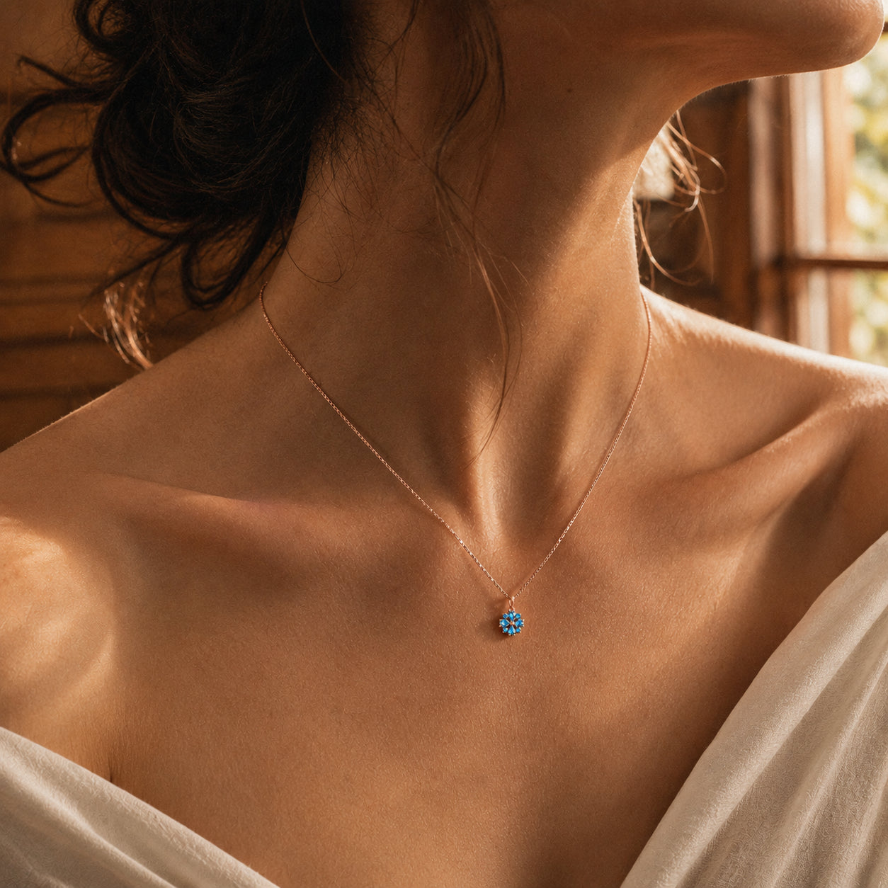 Rose Gold Petal Necklace Blue Topaz 10K — Bibiana