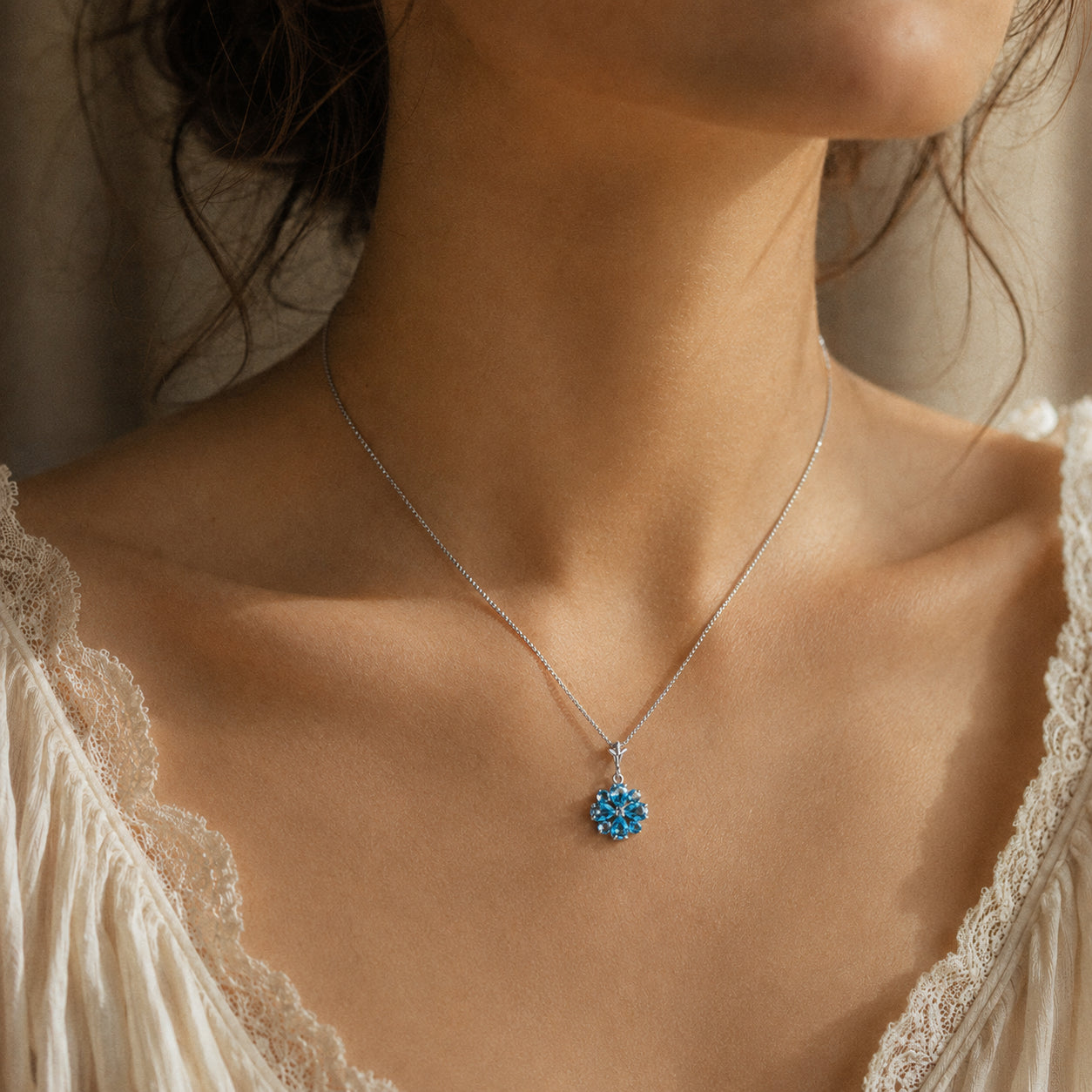 White Gold Petal Necklace Blue Topaz 10K — Bibiana