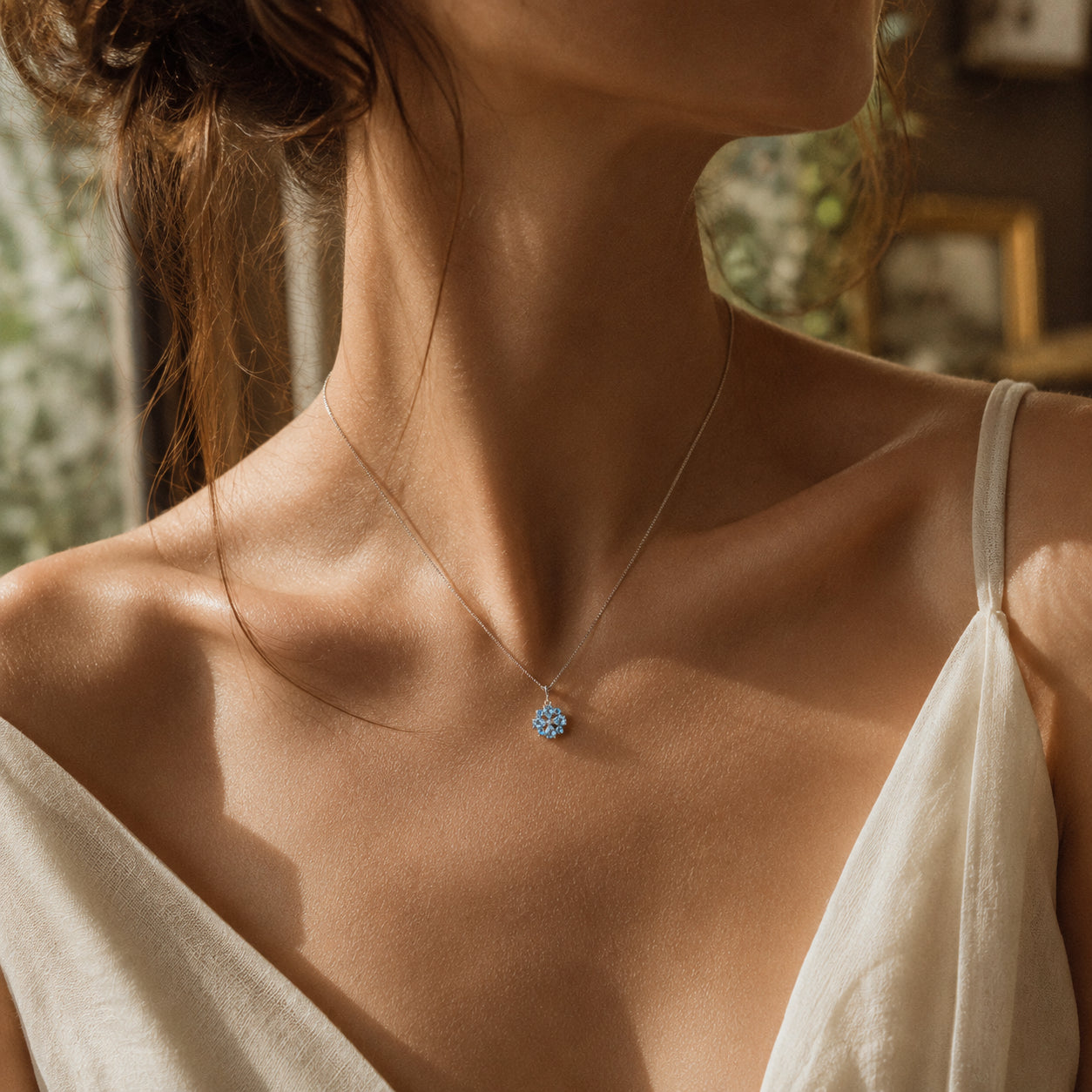 White Gold Petal Necklace Blue Topaz 10K — Bibiana