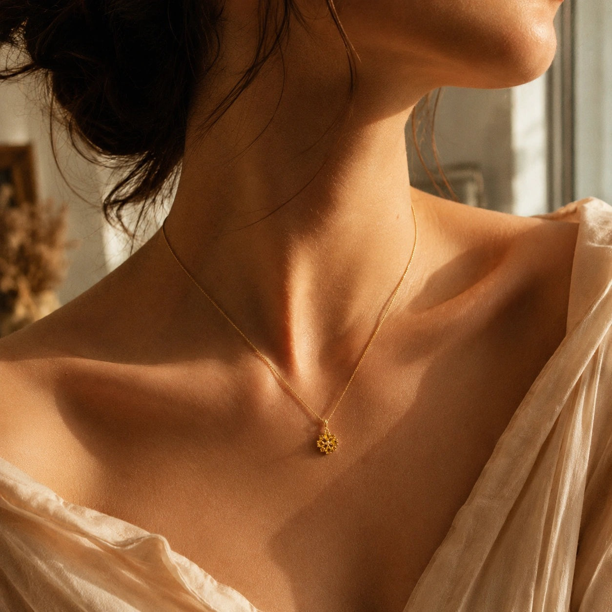 Yellow Gold Petal Necklace Blue Topaz 10K — Bibiana