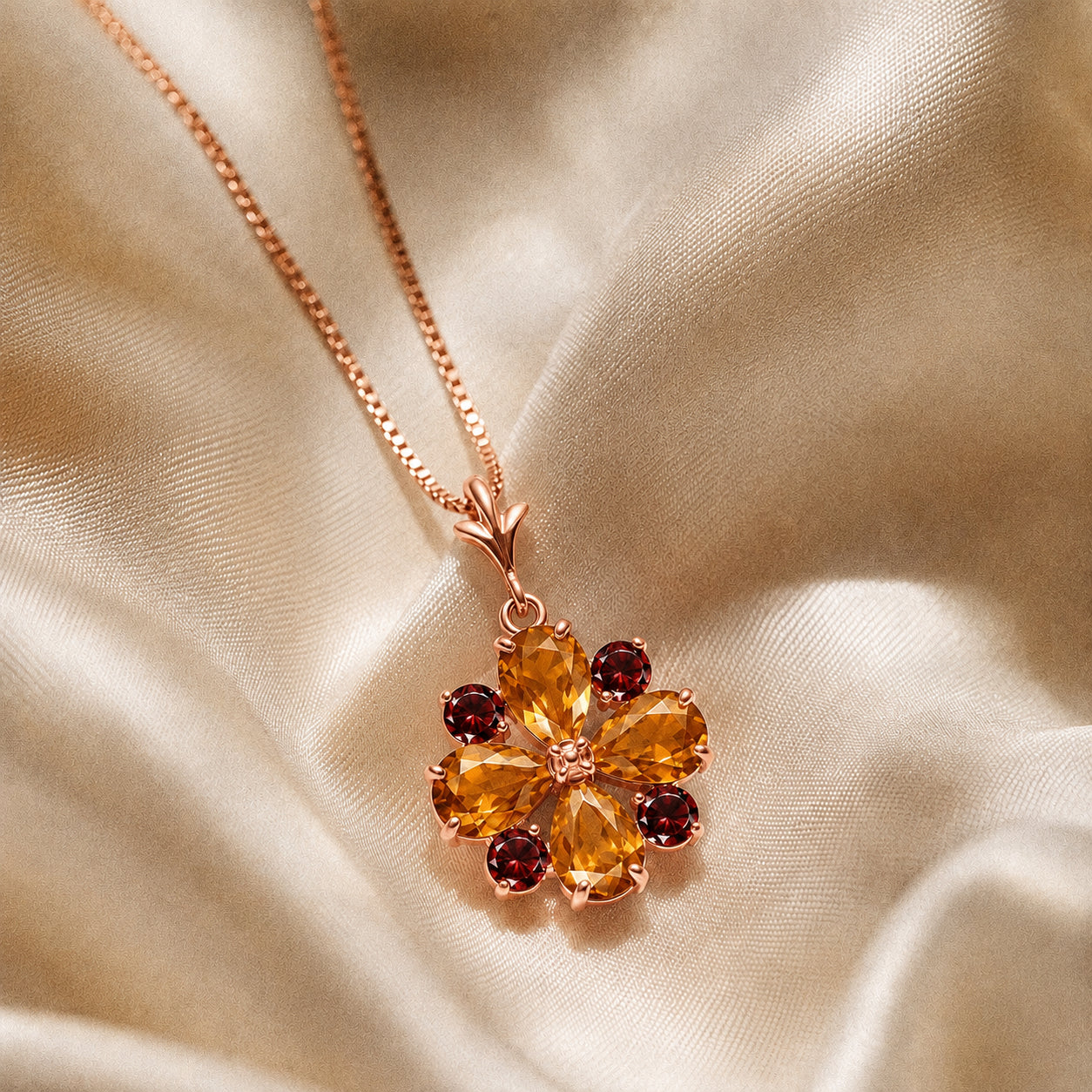 Rose Gold Petal Necklace Garnet 10K — Bibiana