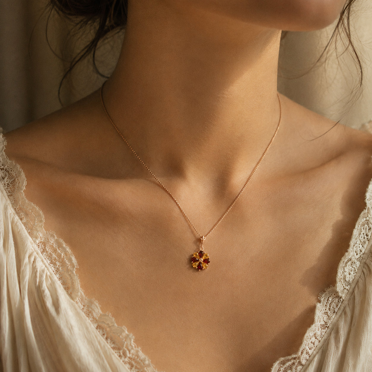 Rose Gold Petal Necklace Garnet 10K — Bibiana