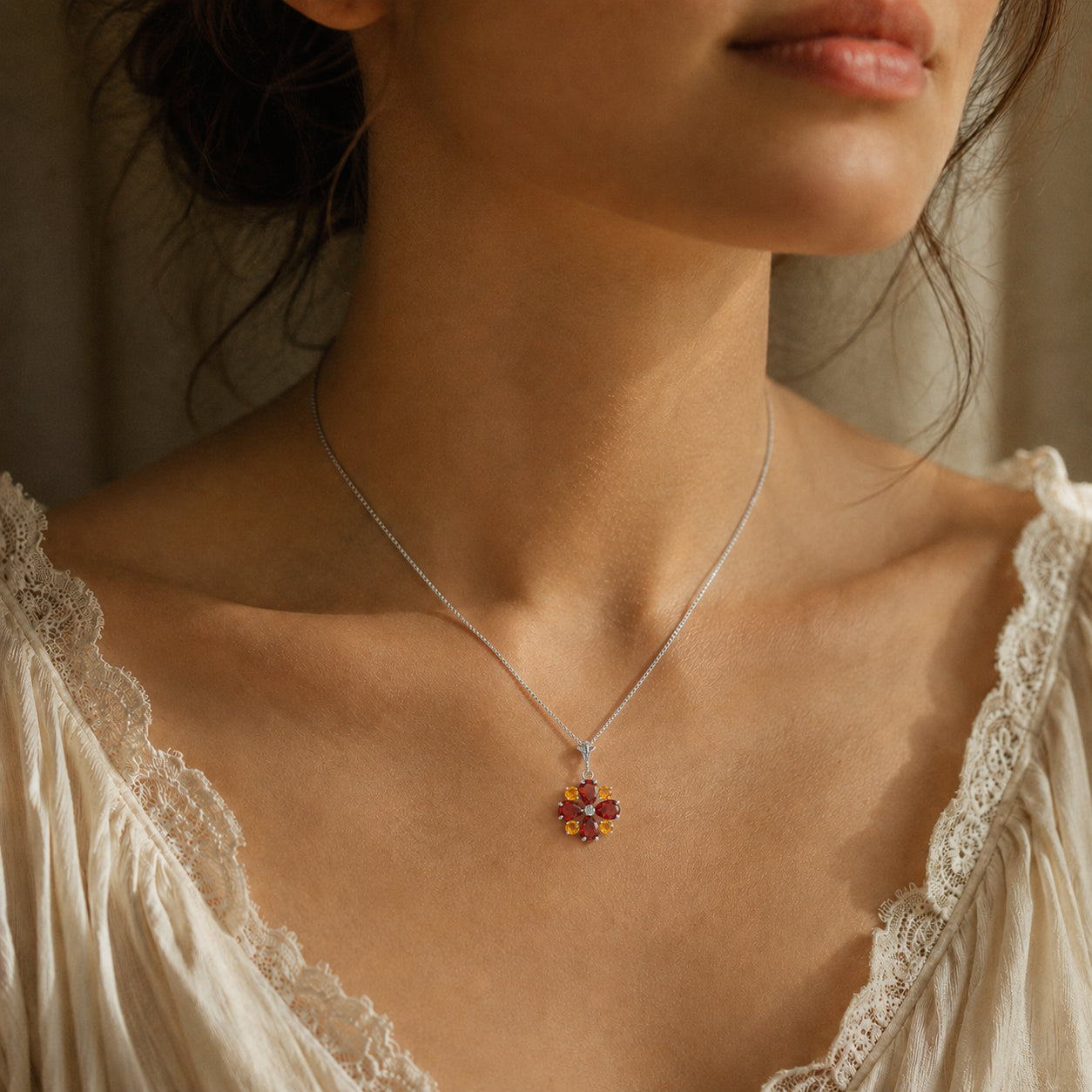 White Gold Petal Necklace Garnet 10K — Bibiana