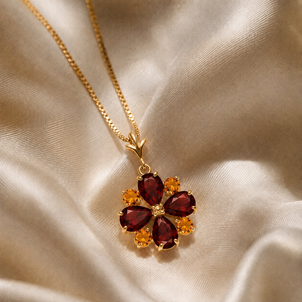 Yellow Gold Petal Necklace Garnet 10K — Bibiana