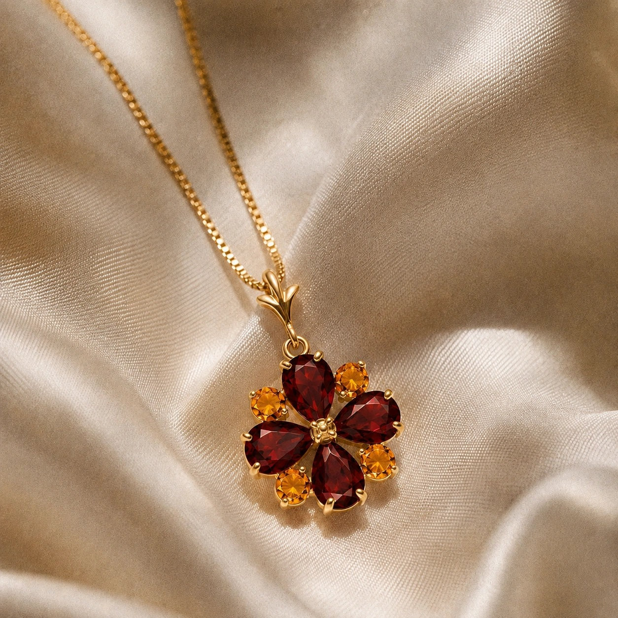 Yellow Gold Petal Necklace Garnet 10K — Bibiana