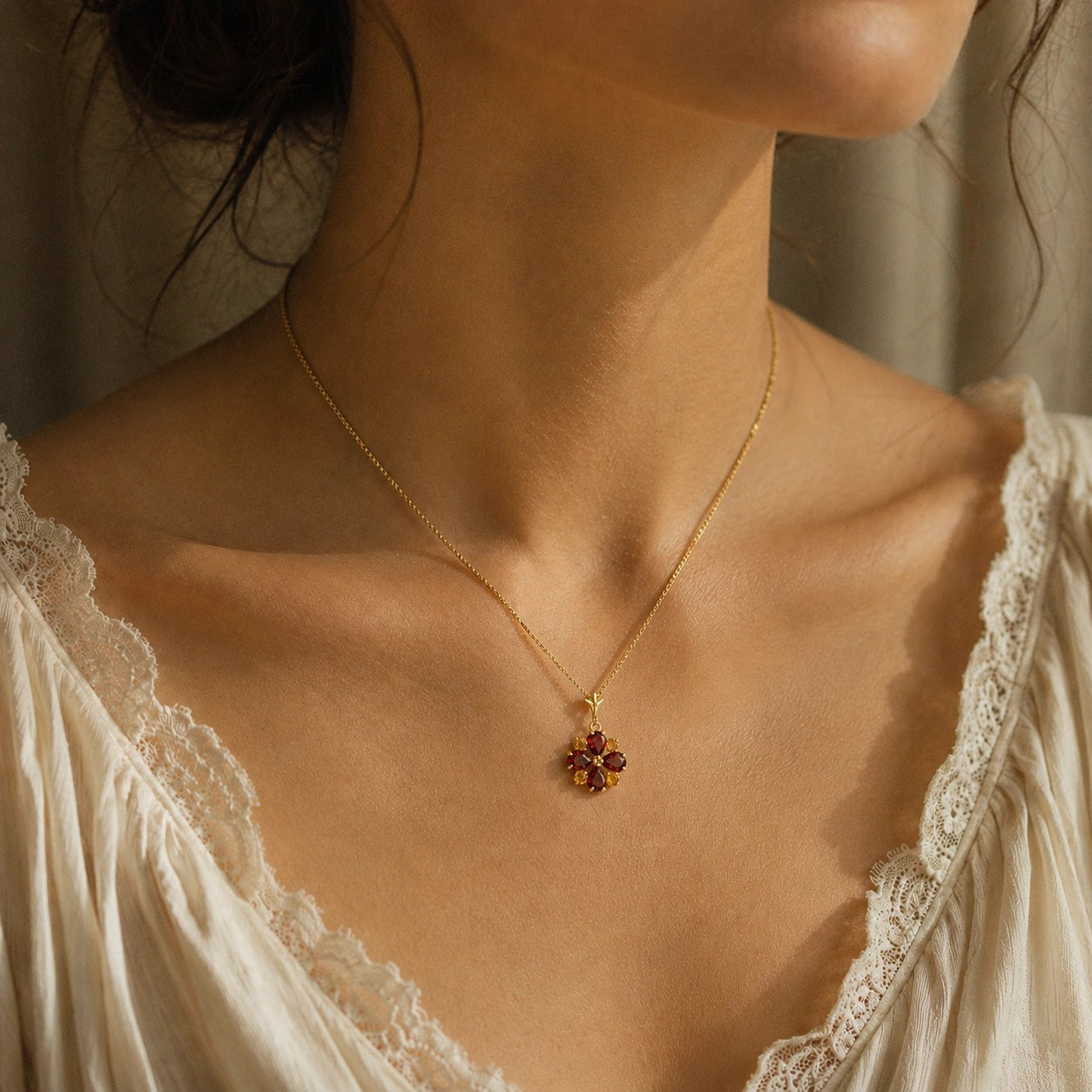 Yellow Gold Petal Necklace Garnet 10K — Bibiana