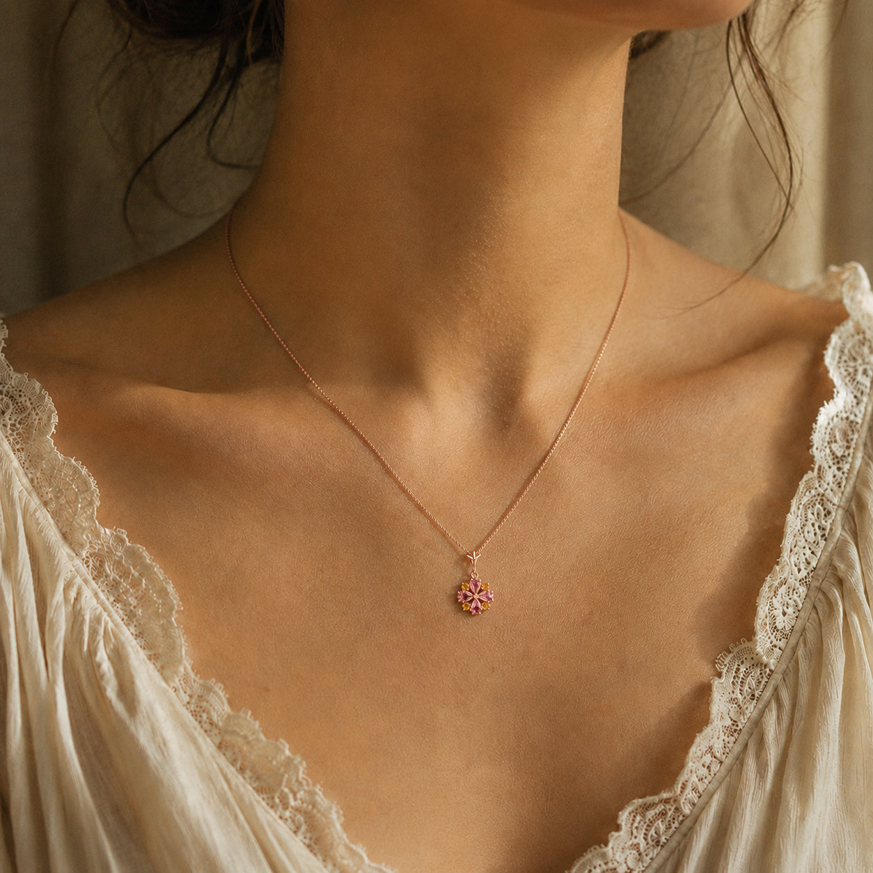 Rose Gold Petal Necklace Pink Topaz 10K — Bibiana