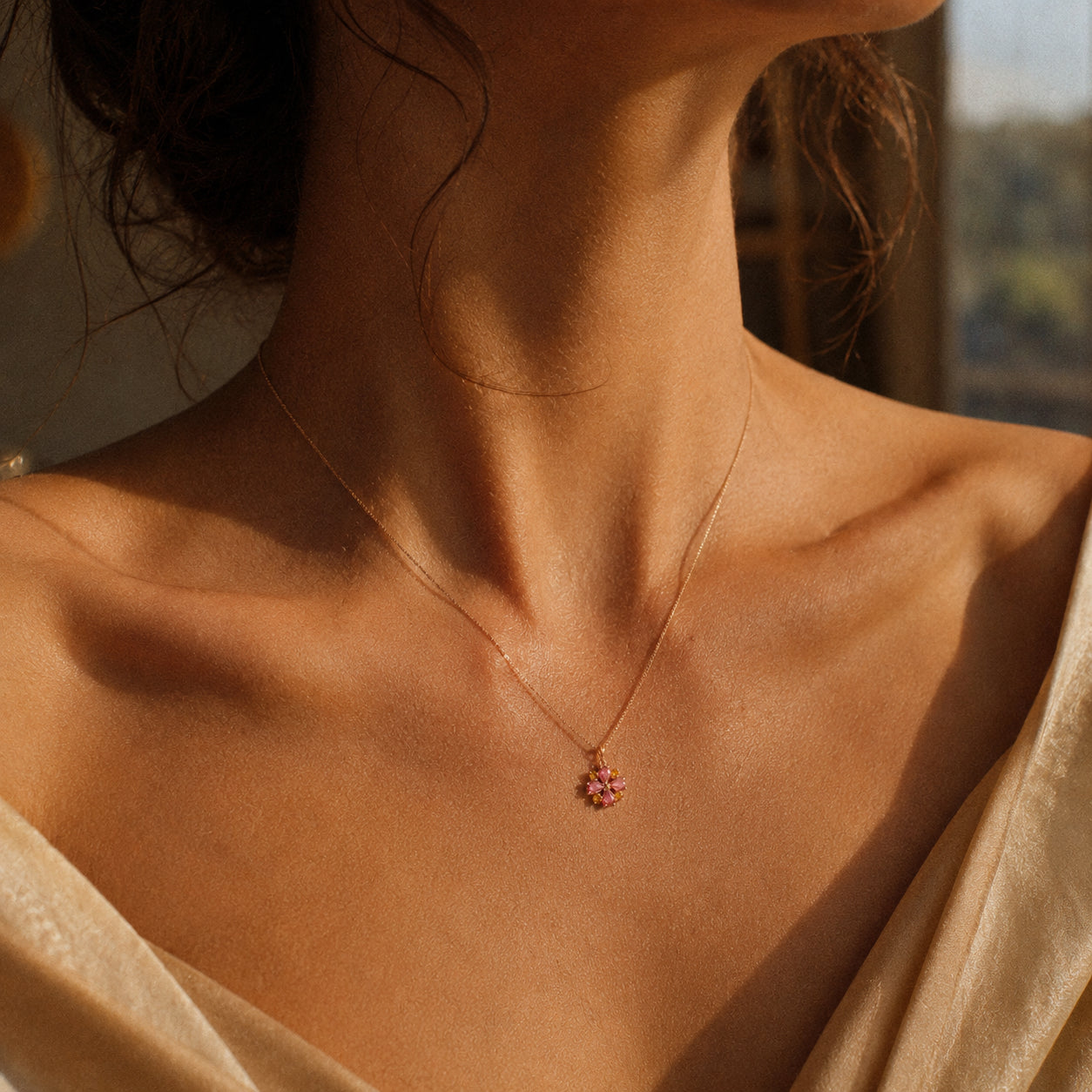 Rose Gold Petal Necklace Pink Topaz 10K — Bibiana