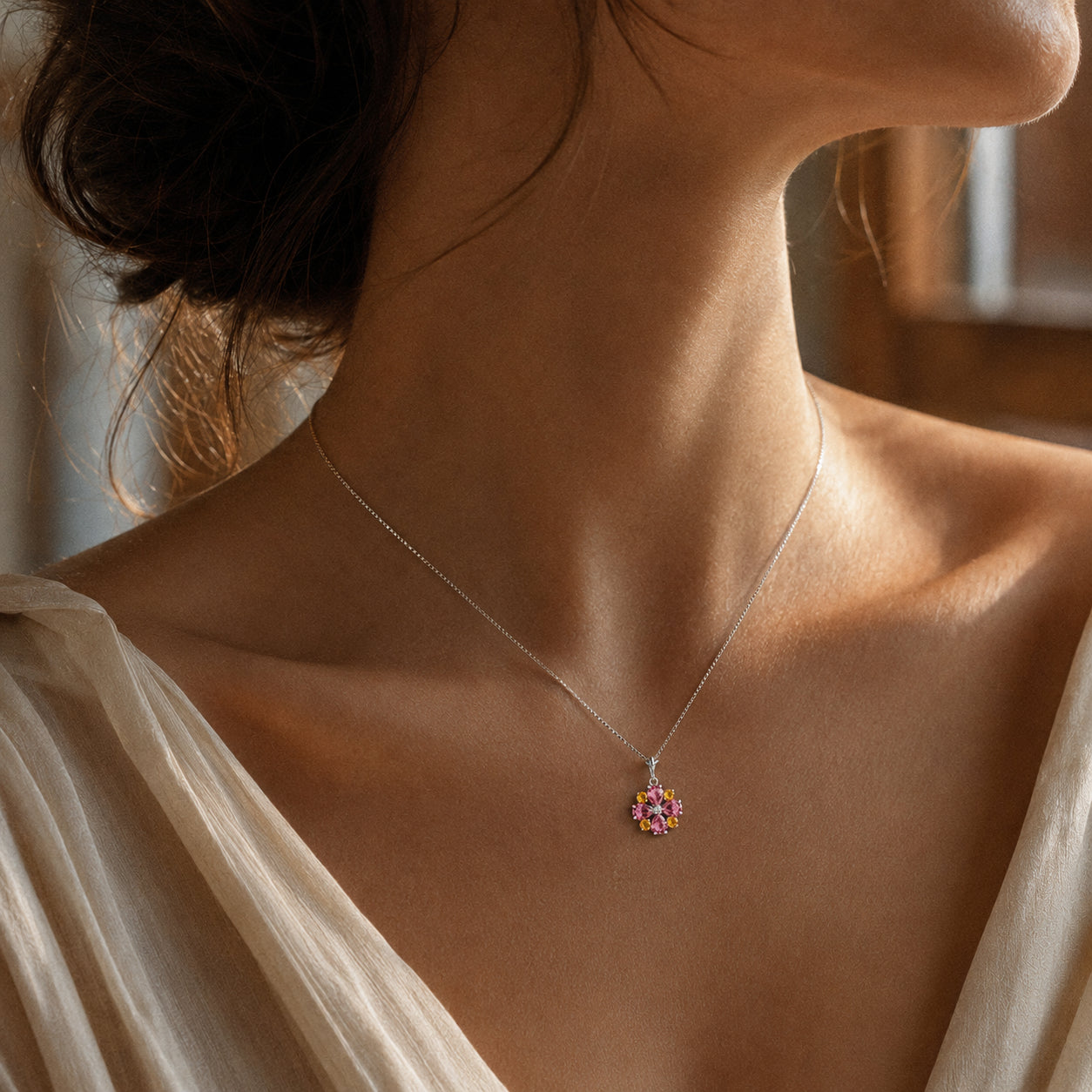White Gold Petal Necklace Pink Topaz 10K — Bibiana