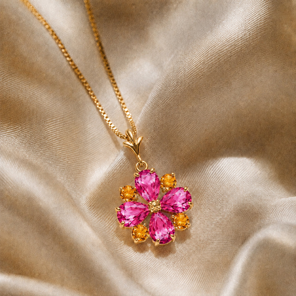 Yellow Gold Petal Necklace Pink Topaz 10K — Bibiana