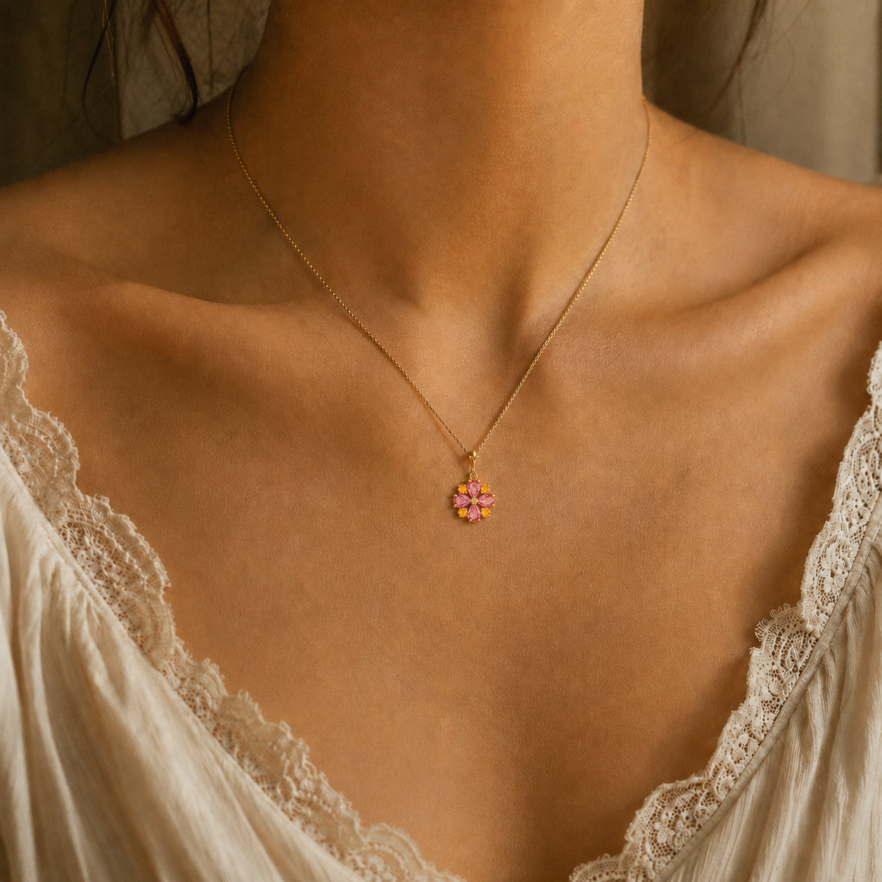 Yellow Gold Petal Necklace Pink Topaz 10K — Bibiana