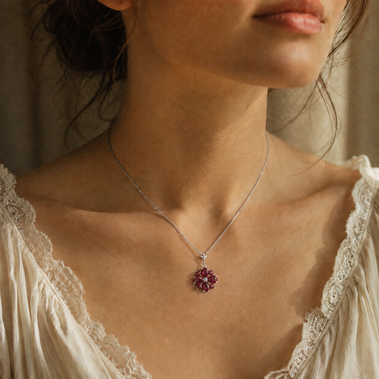 White Gold Petal Necklace Ruby 10K — Bibiana