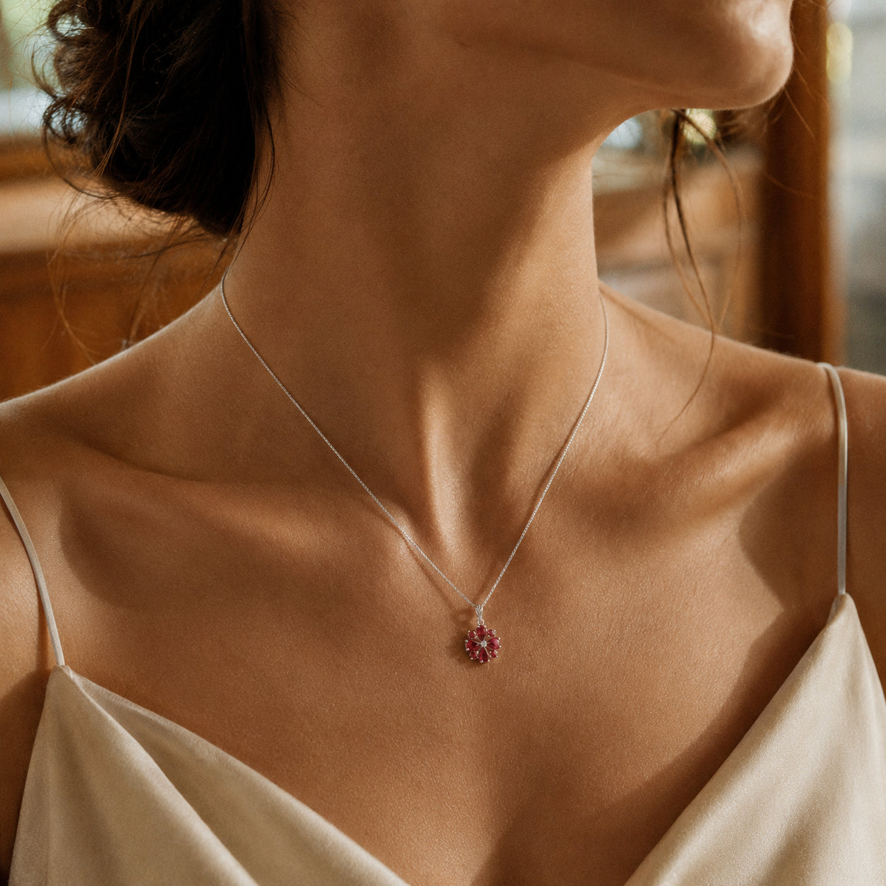 White Gold Petal Necklace Ruby 10K — Bibiana