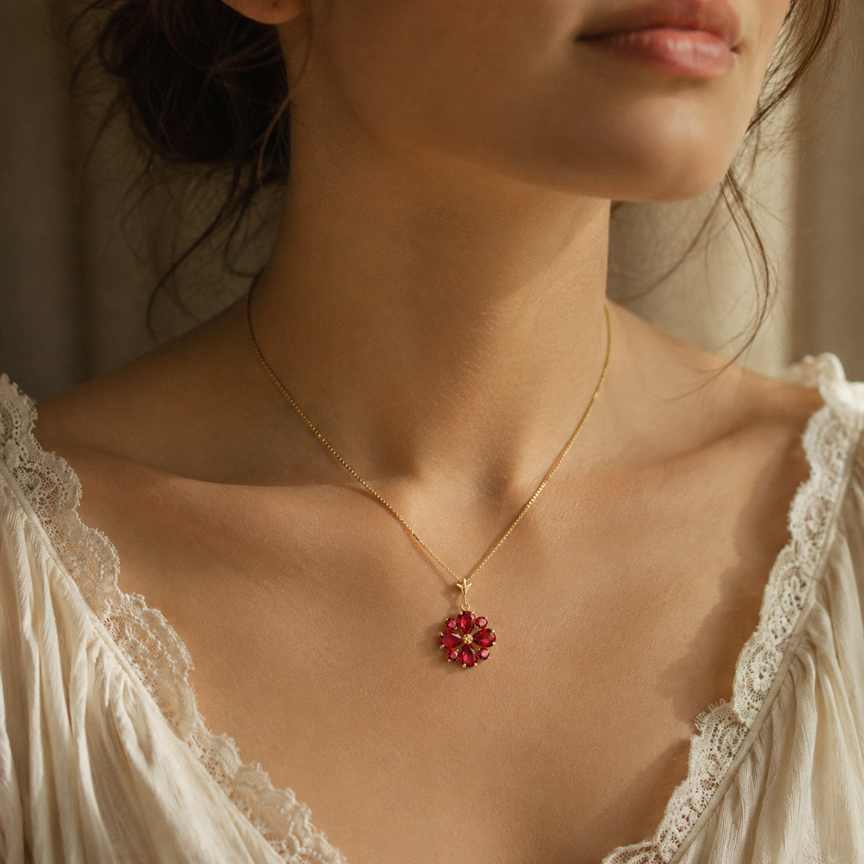 Yellow Gold Petal Necklace Ruby 10K — Bibiana