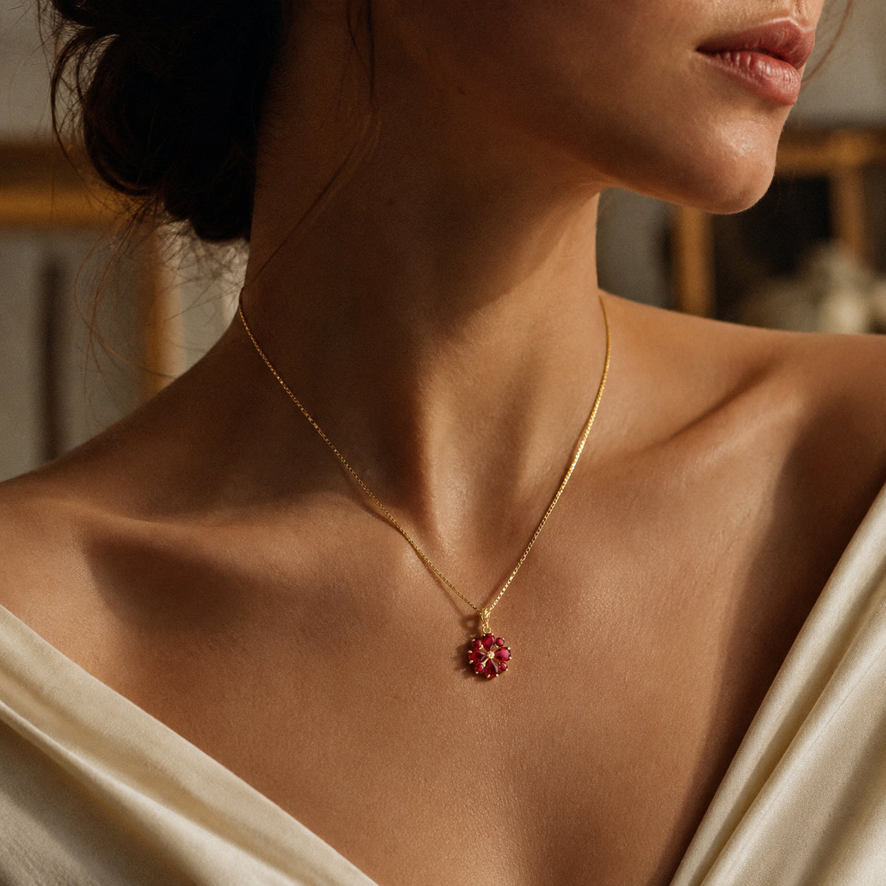 Yellow Gold Petal Necklace Ruby 10K — Bibiana