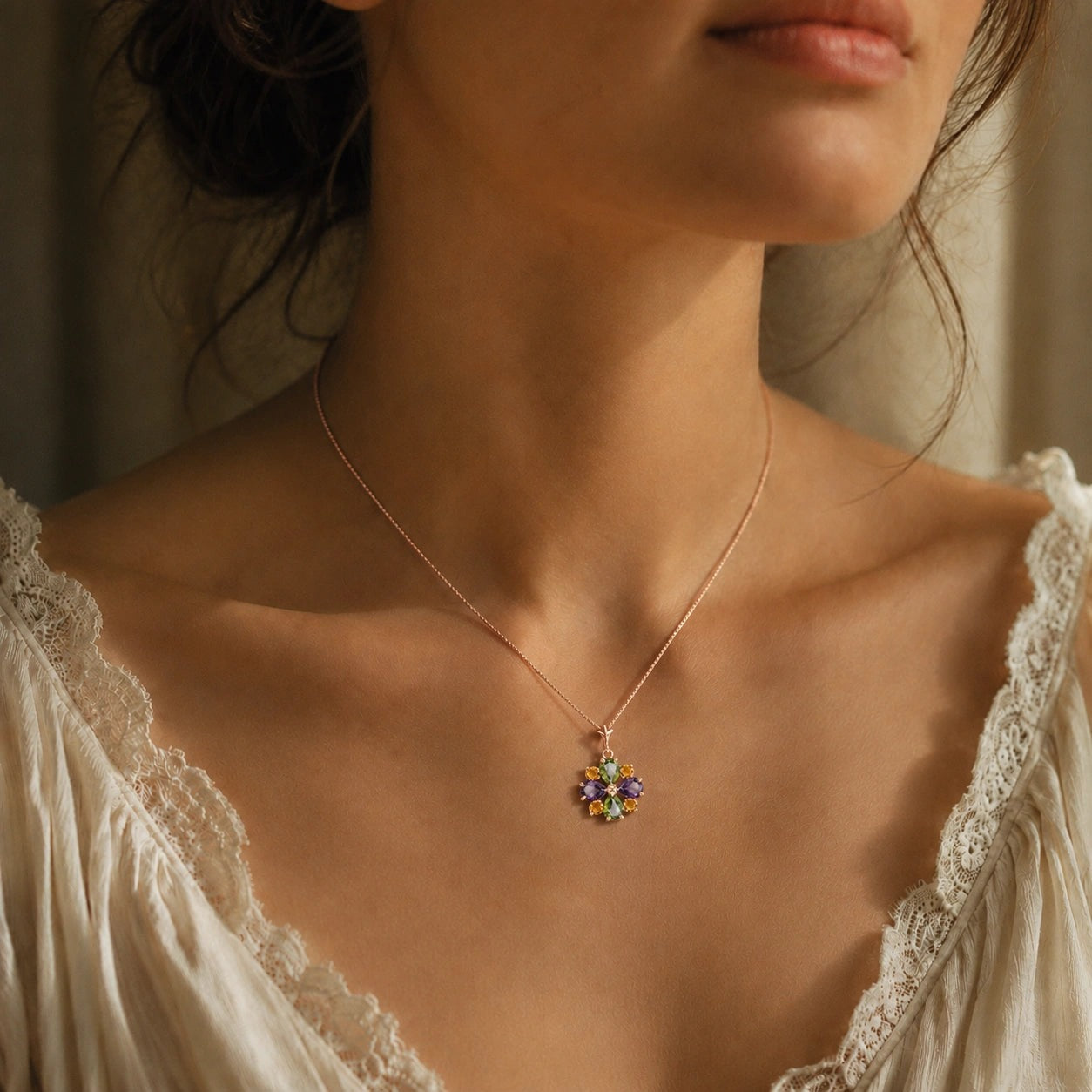 Rose Gold Petal Necklace Tanzanite 10K — Bibiana