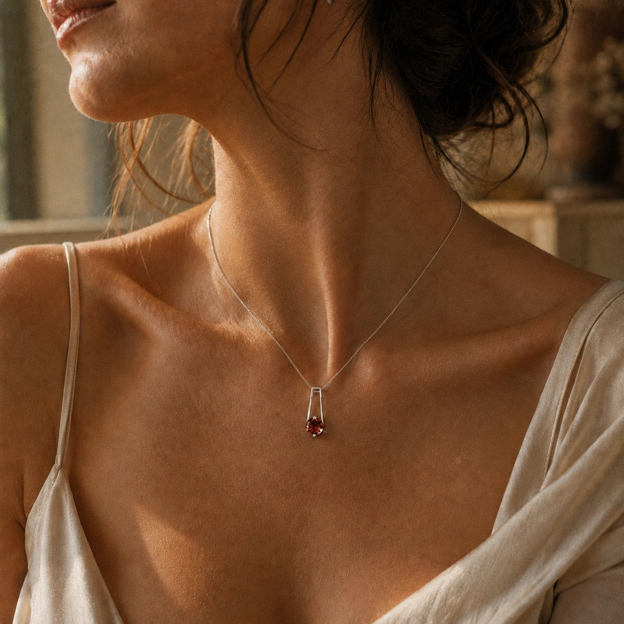 White Gold Bloom Necklace Garnet 10K — Bruna