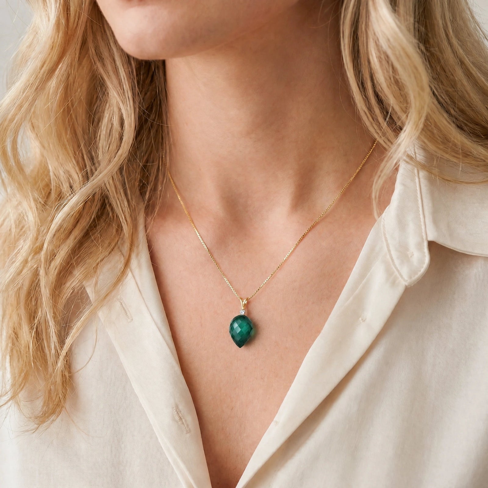Yellow Gold Pendant Necklace Green Amethyst 10K — Ornella