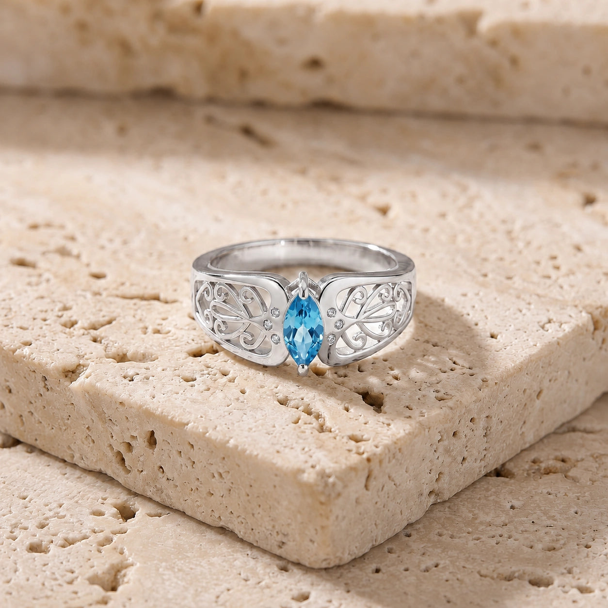 White Gold Petal Ring Blue Topaz 10K — Penelope