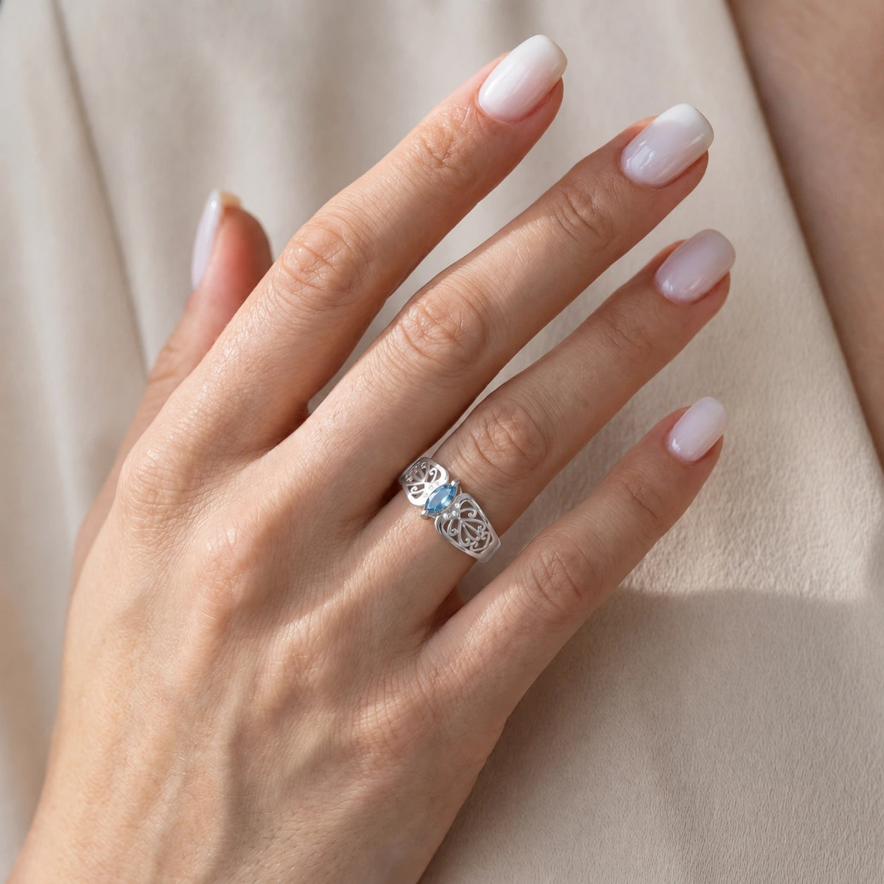 White Gold Petal Ring Blue Topaz 10K — Penelope