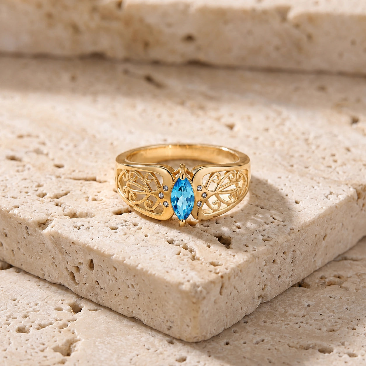 Yellow Gold Petal Ring Blue Topaz 10K — Penelope