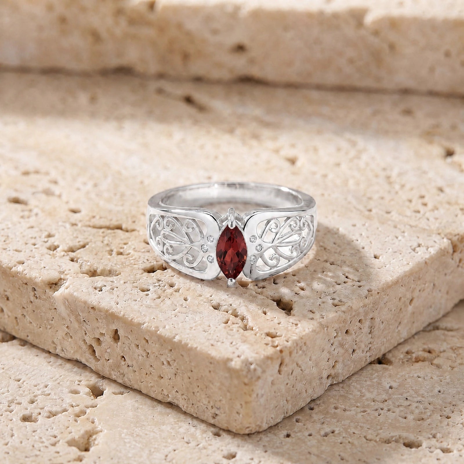 White Gold Petal Ring Garnet 10K — Penelope